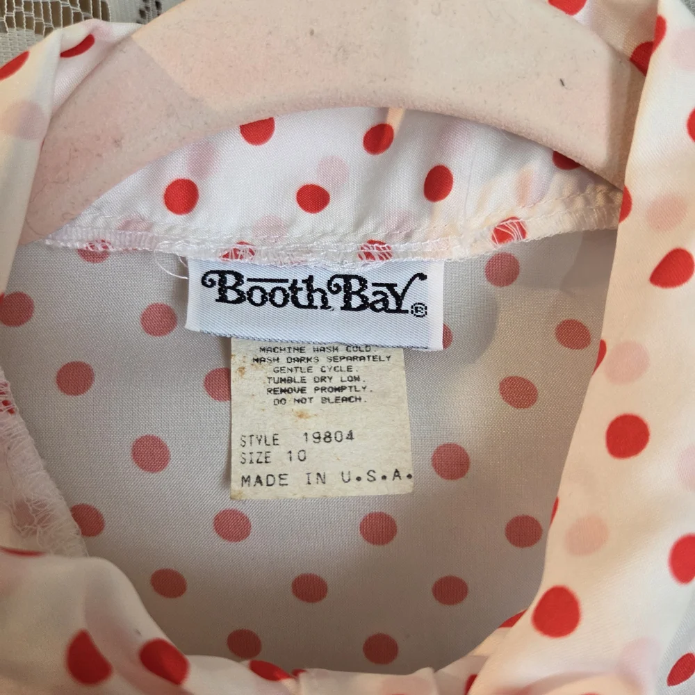 VINTAGE 60s White Blouse with Red Mini Mouse Style Polka Dots & Bow Neck